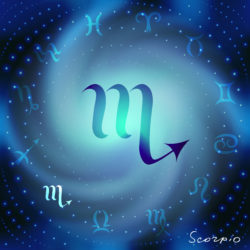 Space spiral with astrological Scorpio symbol in center.